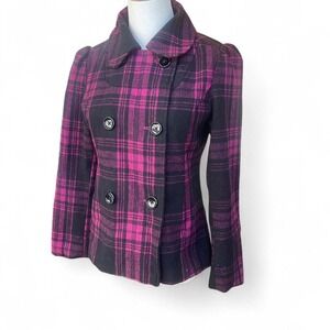 George Girls Pink Black Plaid Double Breasted Pea Coat Jacket L 10-12 GE43734